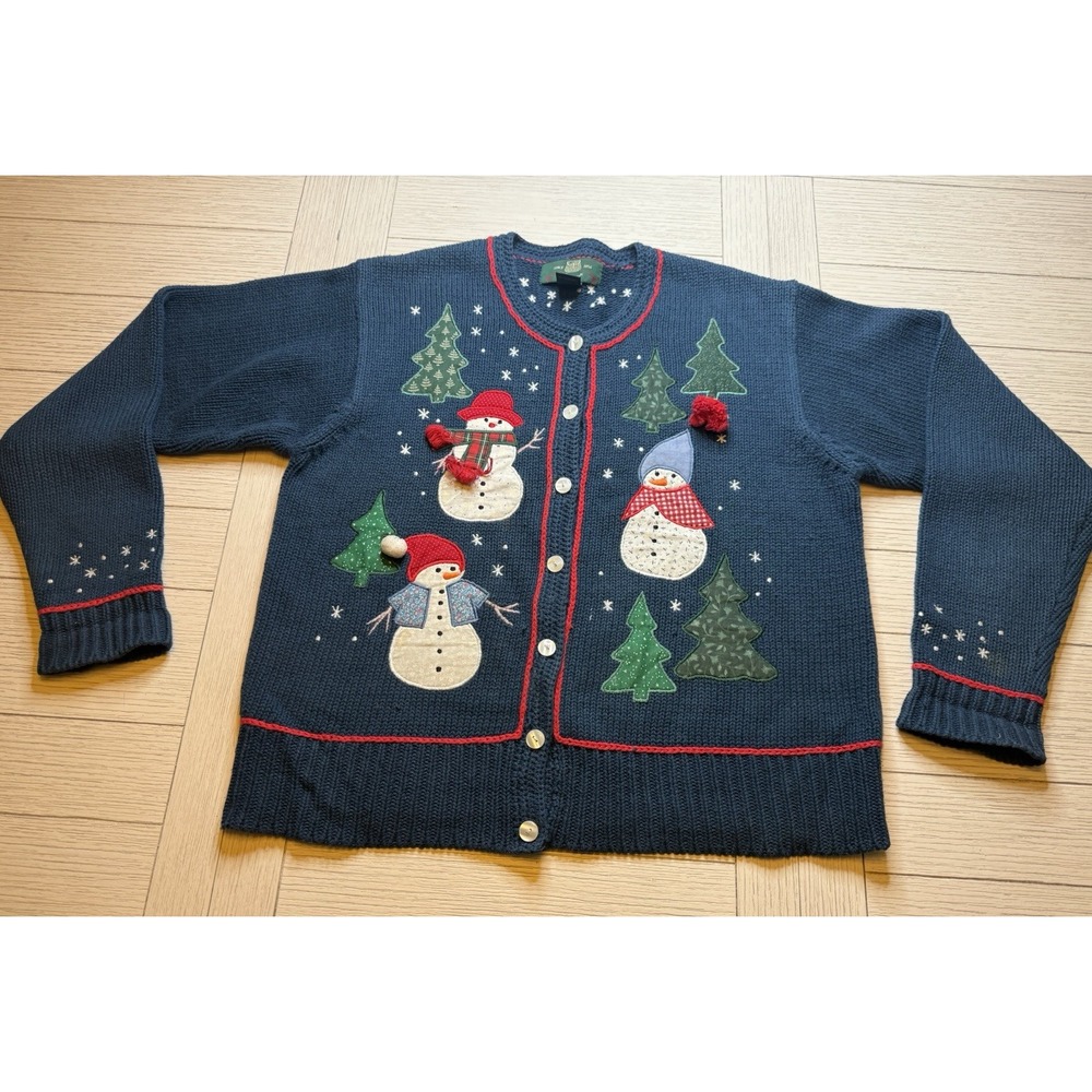 Orvis Ladies Christmas Cardigan. Vintage. Navy W/ Snowmen. Ramie Cotton Blend. M